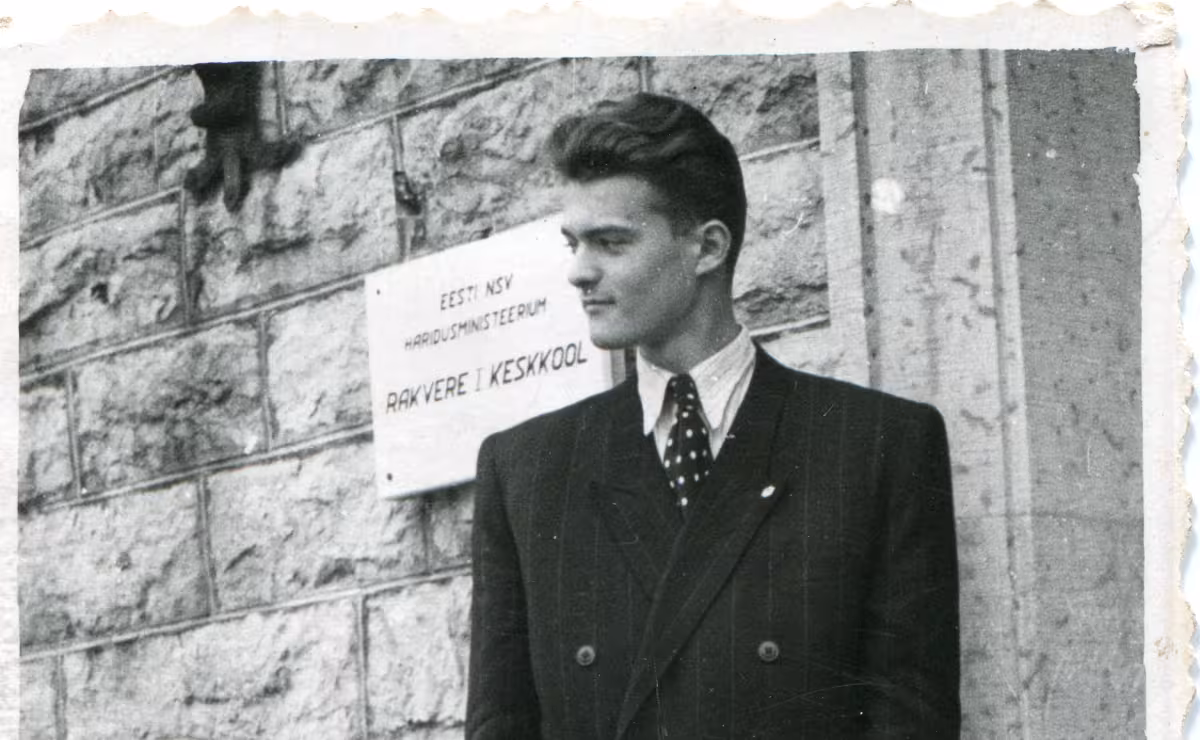 Arvo P&auml;rt, a high school graduate from Rakvere 1st Secondary School, on the school stair in 1954. Photo: Arvo P&auml;rt Centre